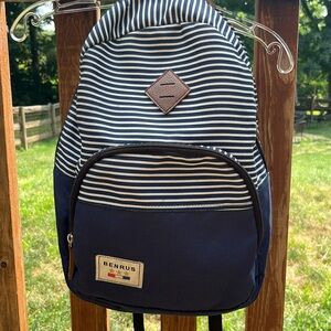 Benrus Backpack Navy & White Striped Orange Lining red white blue logo patch